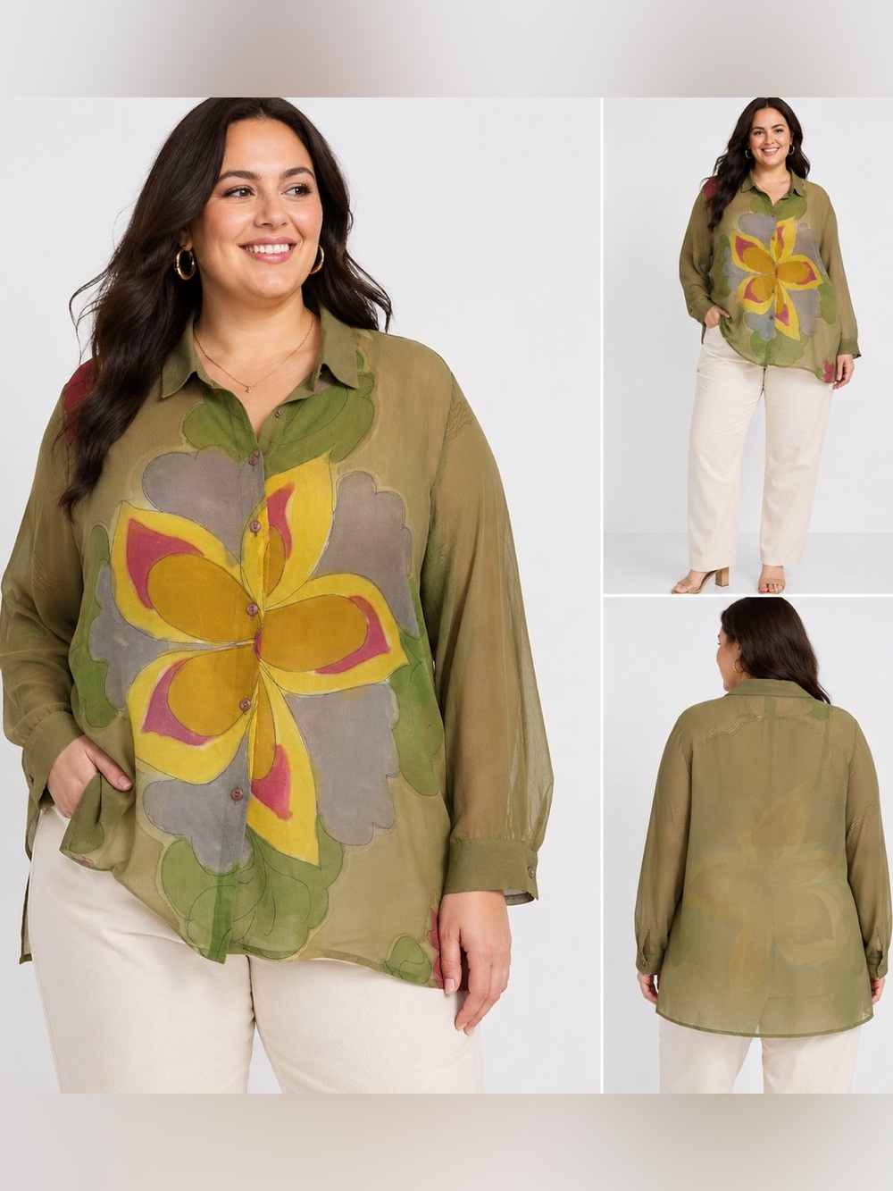 Kaktus Plus 1X Olive Floral Sheer Blouse Artsy Boho Artisan Wearable Art Lagenlo